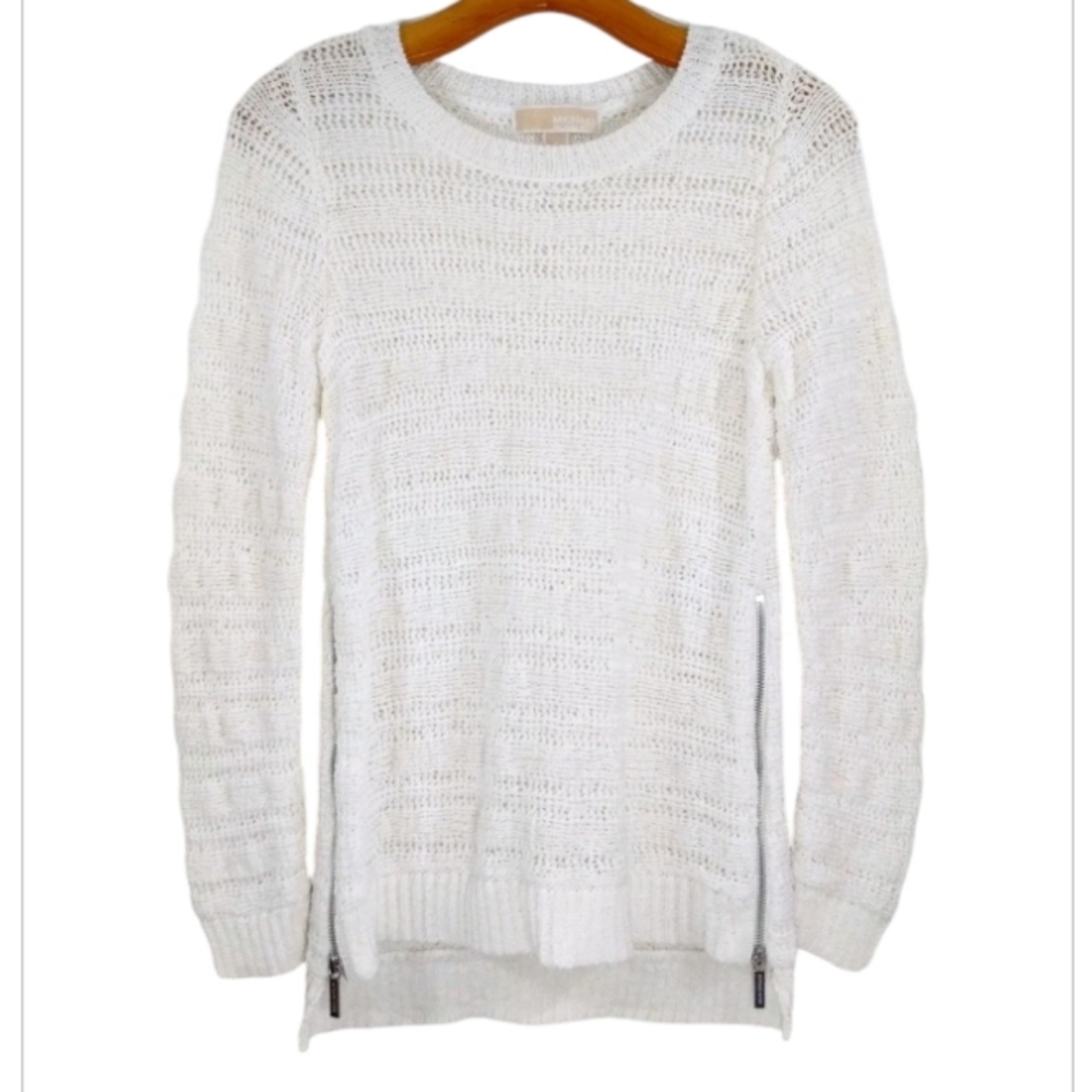 Michael Kors White Hi-Lo Knit Sweater With Silver Zippers Down The Sides Size XL